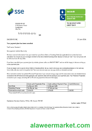 United Kingdom SSE Energy business utility bill template in Word and PDF formats, version 1
